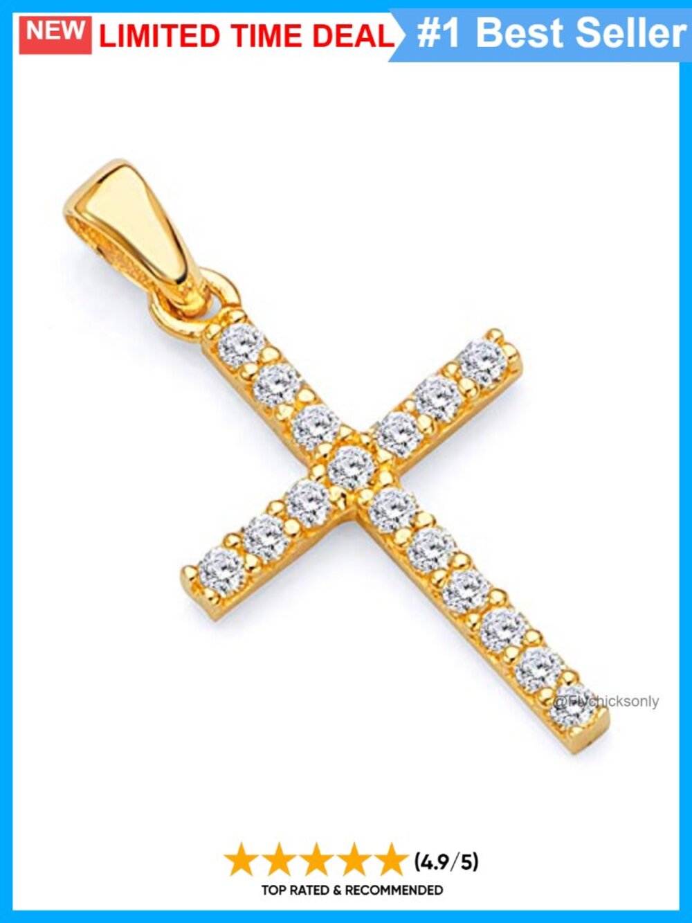14K Gold Slim Cross CZ Charm Pendant 14K Yellow or White Gold